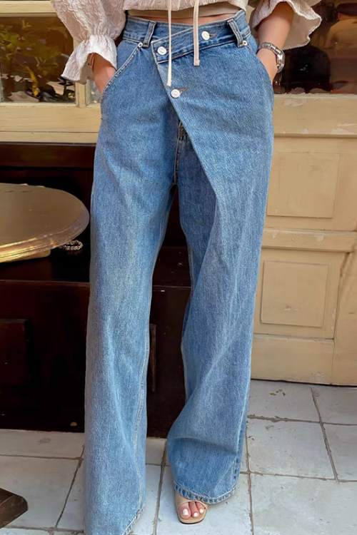 Casual Patchwork Bowknot Denim Pants High Waist Spliced Pockets Jeans Pants For Women
