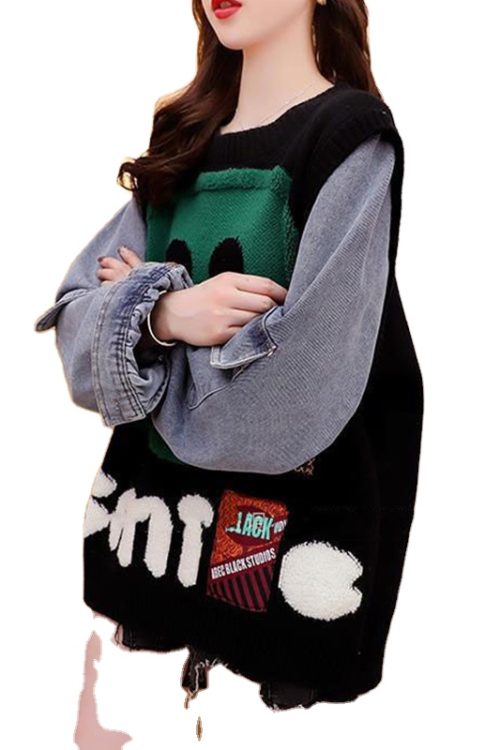 Patchwork Denim Design Sweaters Round Neck Long Sleeves For Women’s Sweaters