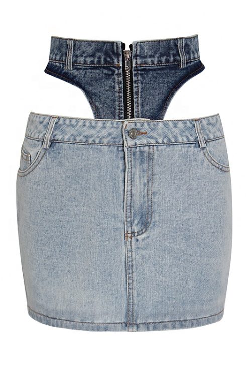 Women Skirt Elegant Patchwork Denim High Waist Hollow Out Hit Color Mini Skirts