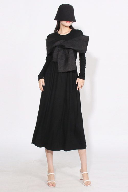Elegant Patchwork Bowknot Dresses Long Sleeve Minimalist Slimming Dress For Women