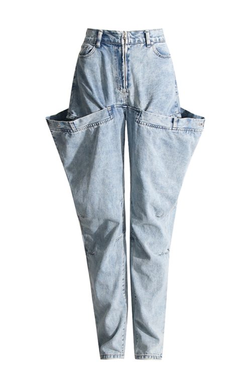 Irregular Hollow Out Denim Jeans High Waist Patchwork Zipper Casual Pant For Women