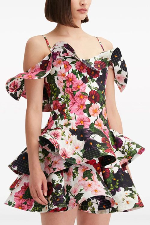 Floral Printing Mini Dresses Sleeveless Off Shoulder Spliced Ruffles Summer Dress For Women