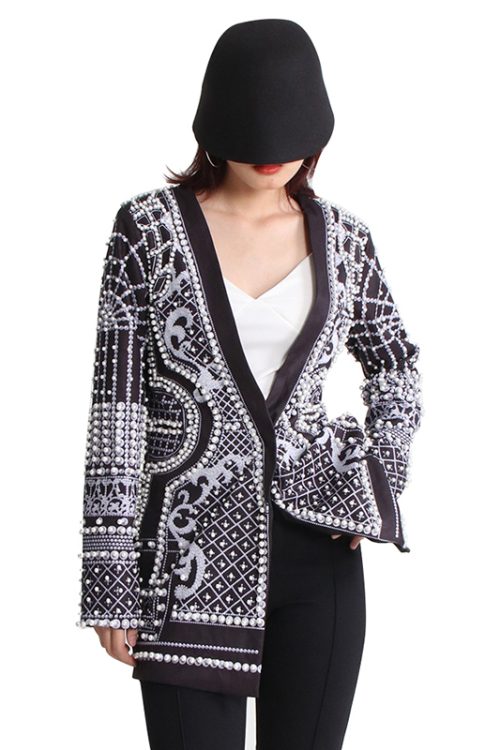 Women Blazers Vintage Patchwork Beaded Embroidery Colorblock Ladies Blazers 2024