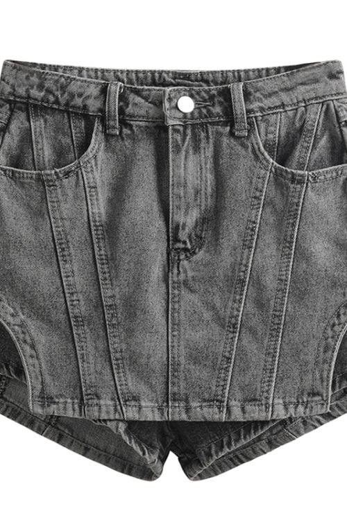 Streetwear Solid Color Patchwork Pockets High Waisted Denim Shorts For Women
