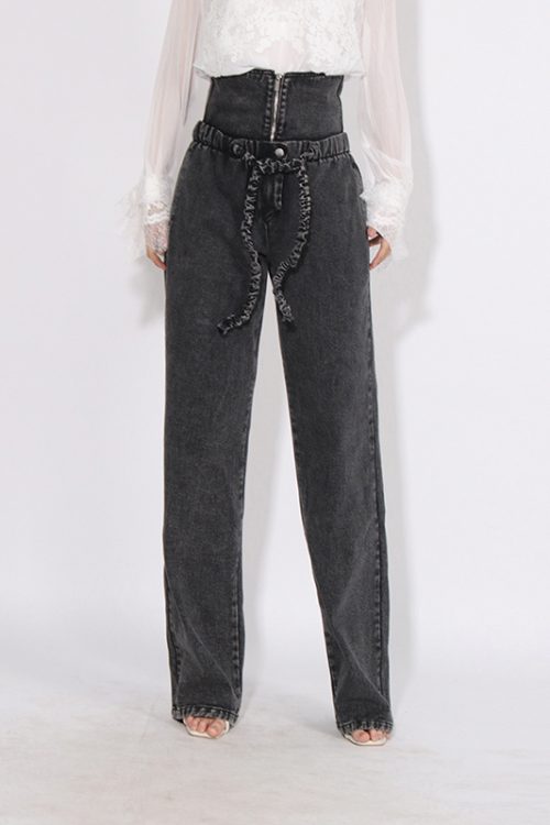 Patchwork Lace Up Denim Pants Soild High Waist Spliced Zipper Denim Jeans For Women
