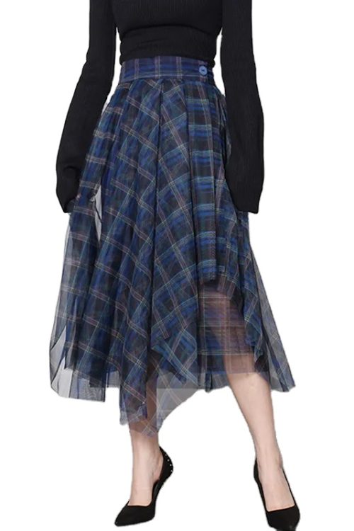 Vintage Plaid Hit Color Ruched Irregular  Patchwork Mesh Female Skirt