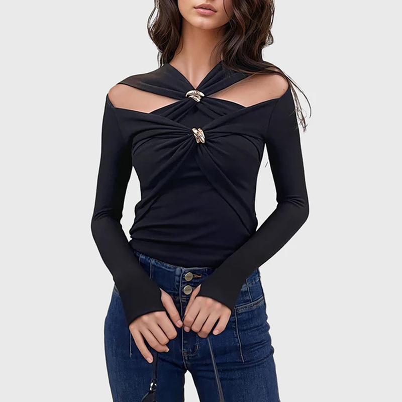 Casual Style Patchwork Metal Buckle Round Neck Long Sleeve Slimming T Shirts For Women